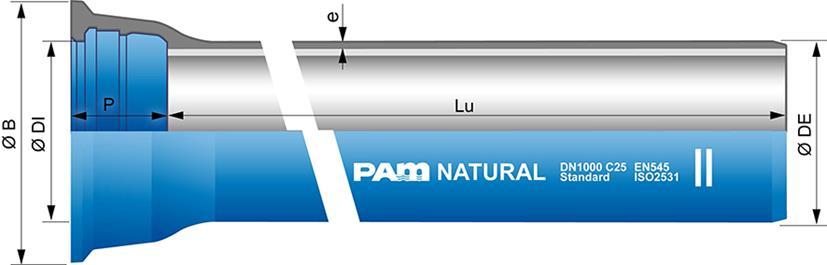 NATURAL Zinalium putki STANDARD liitoksella DN700-1000 DN Lu e Ø DE Ø DI P Ø B Paino C-luokka mm m mm mm mm mm mm kg/m Tuotenumero 700 6.960 C25 8.8 738 741.7 192 863.0 186.200 NSB70H70 800 6.