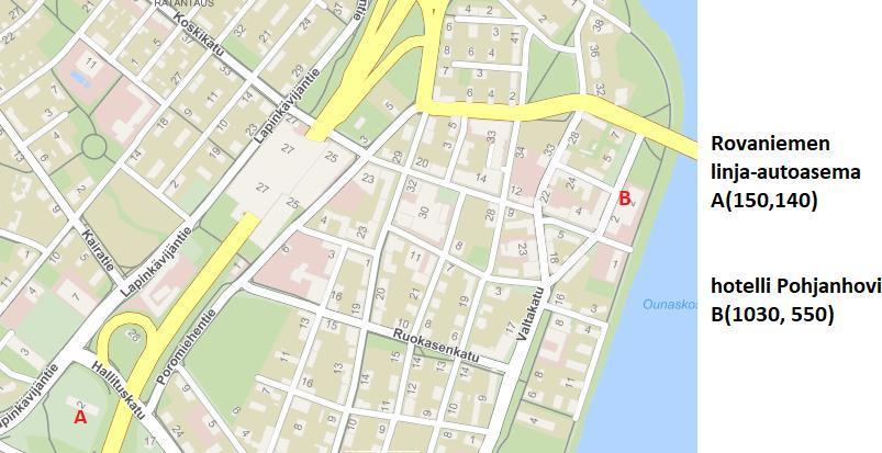 Esim. 3 Henkilö siirtyy Pohjanhovista 600 m suuntaan, joka on 20 astetta länsisuunnasta Etelään. Mihin pisteeseen C hän tulee?