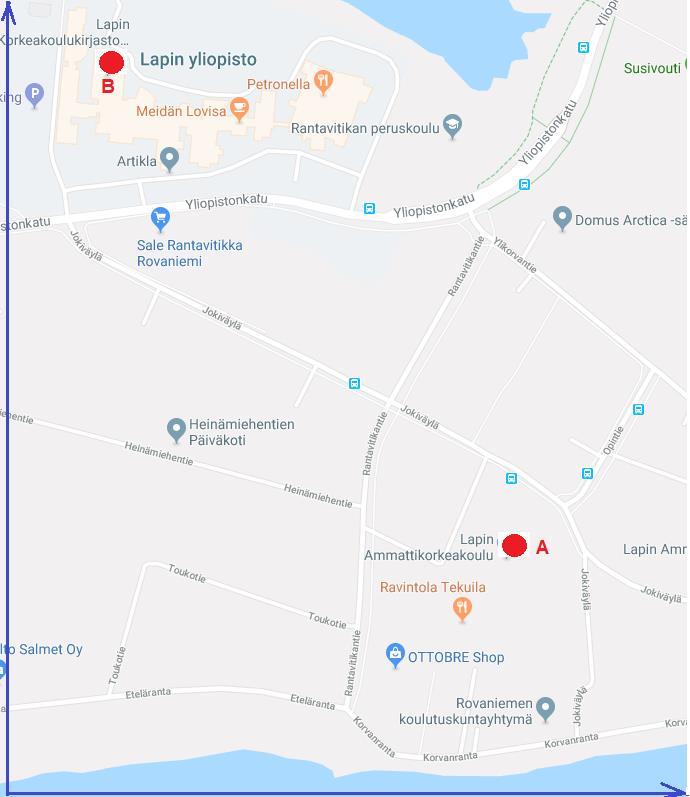 Esimerkki: LapinAMK:n rakennus sijaitsee pisteessä A(475, 265) LUC:n kirjasto sijaitsee pisteessä B(90, 790) Laske välimatka LapinAMK:n ja LUC- kirjaston välillä seuraavasti: a) Määritä vektorin AB