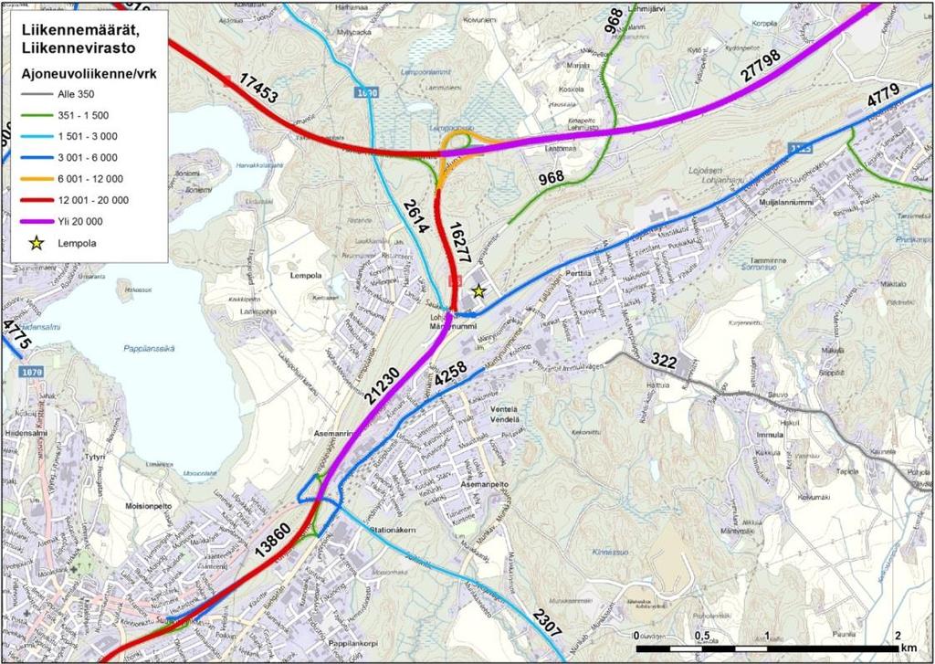 vuorokaudessa. Lempolan kauppapuiston viereisen valtatien 25 varrella liikennemäärät olivat valtatien 1 suuntaan noin 16 300 ja Lohjan keskustan suuntaan noin 21 200 ajoneuvoa vuorokaudessa.