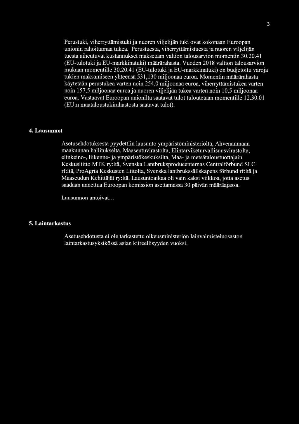 Vuoden 2018 valtion talousarvion mukaan momentille 30.20.41 (EU-tulotuki ja EU-markkinatuki) on budjetoitu varoja tukien maksamiseen yhteensä 531,130 miljoonaa euroa.