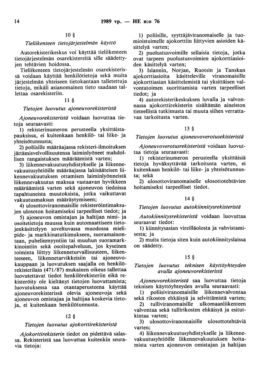 14 1989 vp. - HE n:o 76 10 Tieliikenteen tietojärjestelmän käyttö Autorekisterikeskus voi käyttää tieliikenteen tietojärjestelmän osarekistereitä sille säädettyjen tehtävien hoidossa.