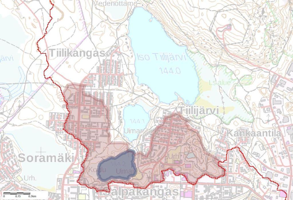 Sinileväkukinnan selvitys 4 (15) Vähä-Tiilijärvi Kuva 1. Vähä-Tiilijärven valuma-alue sekä Kymijoen vesistöalueen rajaviiva (Ympäristöhallinnon Value valuma-aluetyökalu).