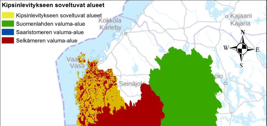 27 Kuva 6. Kipsikäsittelyn kannalta soveltuvat alueet (keltainen väri) Kartoituksessa pyrittiin huomioimaan maantieteellisiä seikkoja, jotka ovat pysyviä, ja joihin viljelijä ei voi itse vaikuttaa.