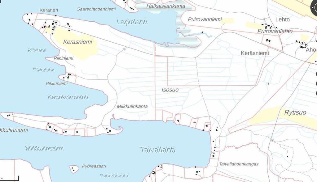 Taivallahden etelärannalla, Miikkulinniemessä ja muualla ympäristössä on varsin tiiviisti lomarakennuksia. Keräsniemessä ja Holtinniementien varrella on myös pysyvää asutusta.
