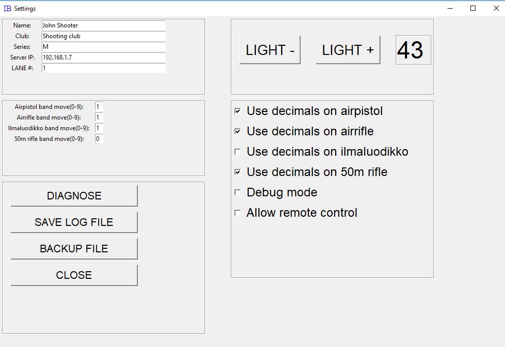 3.2 Asetukset (SETTINGS) Settings-ikkunasta voidaan muuttaa laitteen asetuksia. Asetukset tallennetaan automaattisesti ja ohjelma muistaa ne myöhemminkin. Name: Ampujan nimi (tulee näkyviin esim.