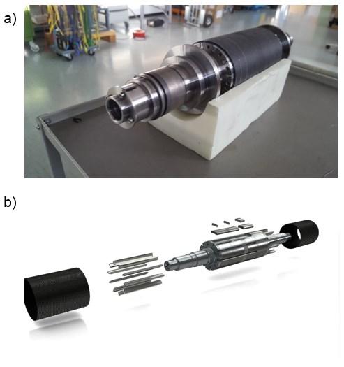 46 5.2 Rotor design This section introduces the rotor structure of the simulated motor. Figure 23 shows the rotor structure in practice and in exploded view. Figure 23. Rotor design in practice (a) and in exploded view (b).