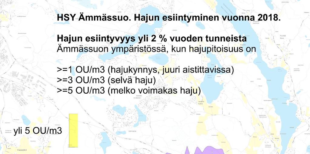 Kuva 20. Enwin Tom hajujen leviämisen mallinnustyökalun vuoden 2018 hajunleviämisen mallinnus yli 2 % vuoden tunneista. 18.5.3.