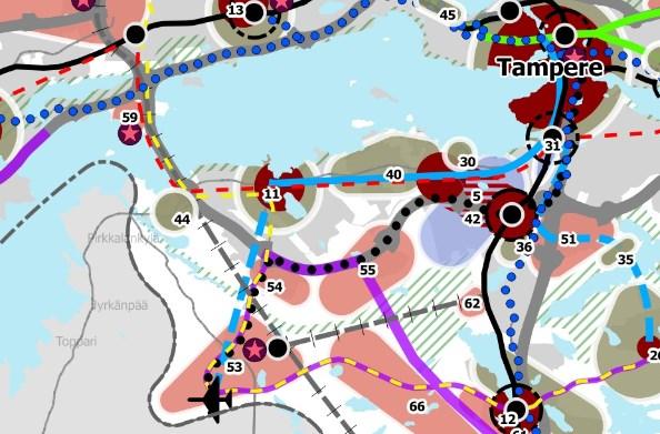 Kuva 5. Rakennesuunnitelma 2040. Ko. suunnittelualue sijoittuu rakennesuunnitelmassa numerolla 11 merkityn kohdalle (Pirkkalan kuntakeskus) reunalle, jolla on merkintä keskukset.