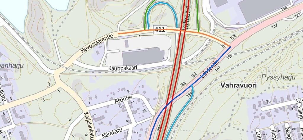 Kuvassa on esitetty keskimääräinen vuorokausiliikenne (KVL), kesän keskimääräinen vuorokausiliikenne (KKVL) sekä raskaan liikenteen keskimääräinen vuorokausiliikenne (KVLRAS).