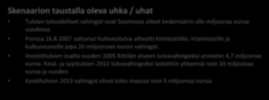 18.10.2018 ja ELY NOPEAHKOSTI SYNTYVÄ LAAJA TULVA ASUTUSKESKUKSESSA TAI SEN LÄHEISYYDESSÄ Tulvien taloudelliset vahingot ovat Suomessa olleet keskimäärin alle miljoonaa euroa vuodessa. Porissa 16.8.2007 sattunut hulevesitulva aiheutti kiinteistöille, irtaimistoille ja kulkuneuvoille jopa 20 miljoonaan euron vahingot.