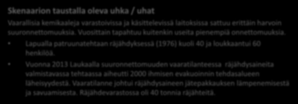 5.10.2018 VAKAVA KEMIKAALI- TAI RÄJÄHDYSONNETTOMUUS VAARALLISIA AINEITA KÄSITTELEVÄSSÄ TEOLLISUUSLAITOKSESSA Vaarallisia kemikaaleja varastoivissa ja käsittelevissä laitoksissa sattuu erittäin