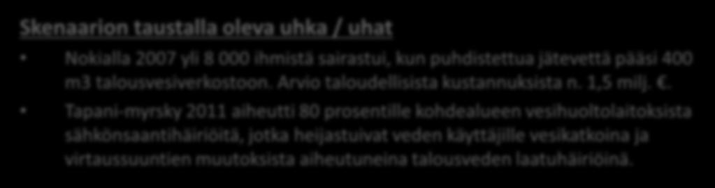 8.10.2018 LAAJA TAI PITKÄKESTOINEN VEDENJAKELUHÄIRIÖ Nokialla 2007 yli 8 000 ihmistä sairastui, kun puhdistettua jätevettä pääsi 400 m3 talousvesiverkostoon. Arvio taloudellisista kustannuksista n.