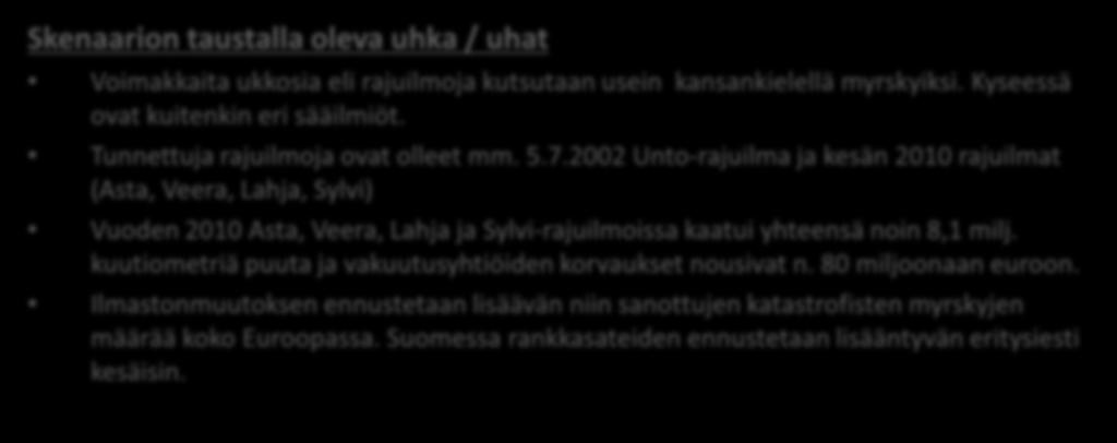 9.2.2017 UKKOSMYRSKY (RAJUILMA) Voimakkaita ukkosia eli rajuilmoja kutsutaan usein kansankielellä myrskyiksi. Kyseessä ovat kuitenkin eri sääilmiöt. Tunnettuja rajuilmoja ovat olleet mm. 5.7.2002 Unto-rajuilma ja kesän 2010 rajuilmat (Asta, Veera, Lahja, Sylvi) Vuoden 2010 Asta, Veera, Lahja ja Sylvi-rajuilmoissa kaatui yhteensä noin 8,1 milj.