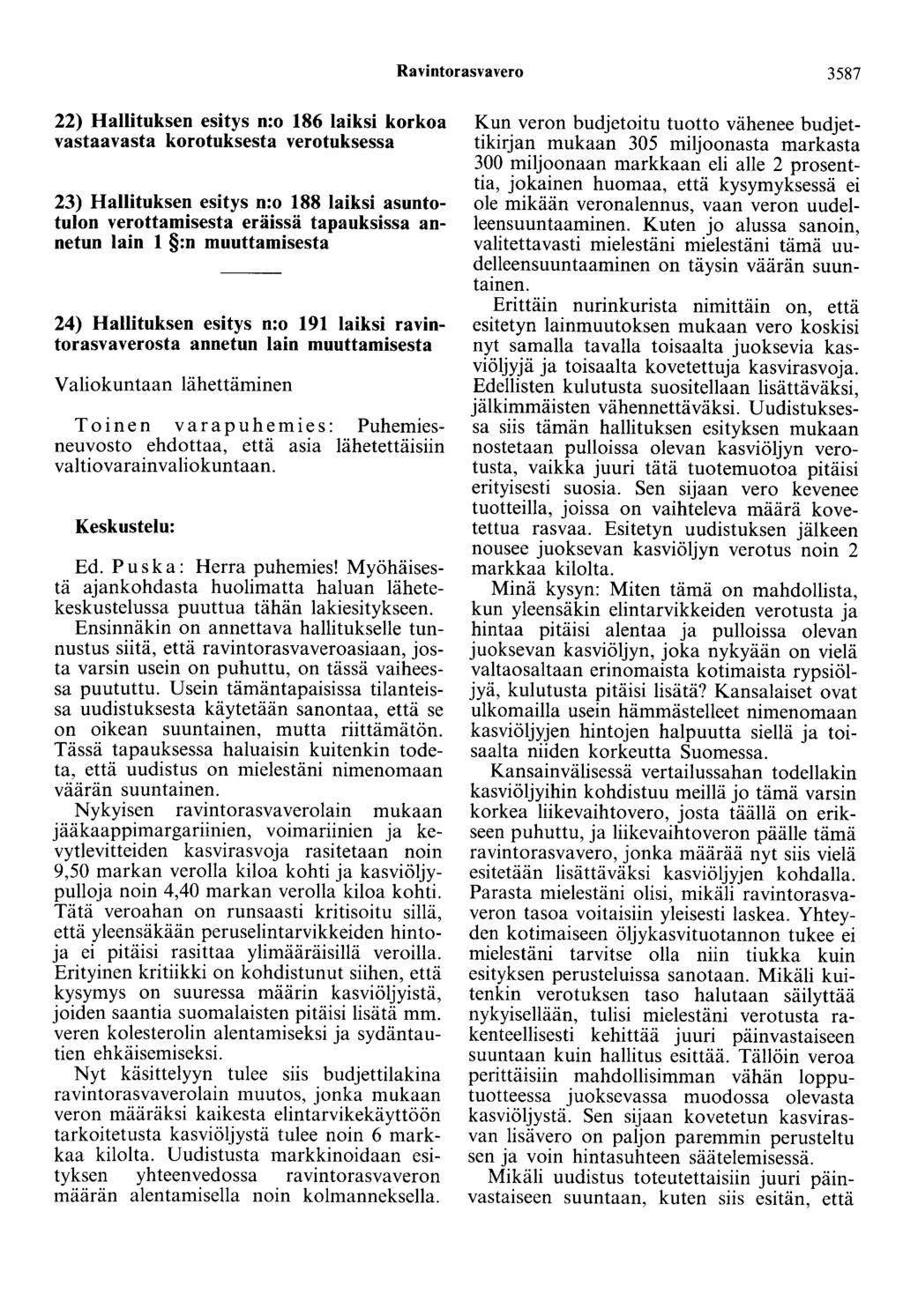 Ravintorasvavero 3587 22) Hallituksen esitys n:o 186 laiksi korkoa vastaavasta korotuksesta verotuksessa 23) Hallituksen esitys n:o 188 laiksi asuntotulon verottamisesta eräissä tapauksissa annetun