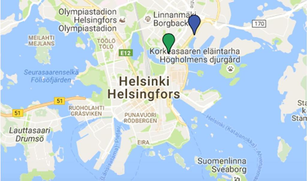 sekä Kyläsaaren lumenvastaanottopaikka (oranssi merkki). Lumen sisältämän mikroroskan määriä ei ole aikaisemmin tutkittu.