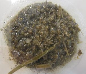 Kylläisen NaCl-liuoksen avulla eroteltu kiintoaine ennen (a) ja jälkeen (b) 6 % H2O2-käsittelyn ja ennen (c) ja jälkeen (d) 12 % NaOH-käsittelyn.