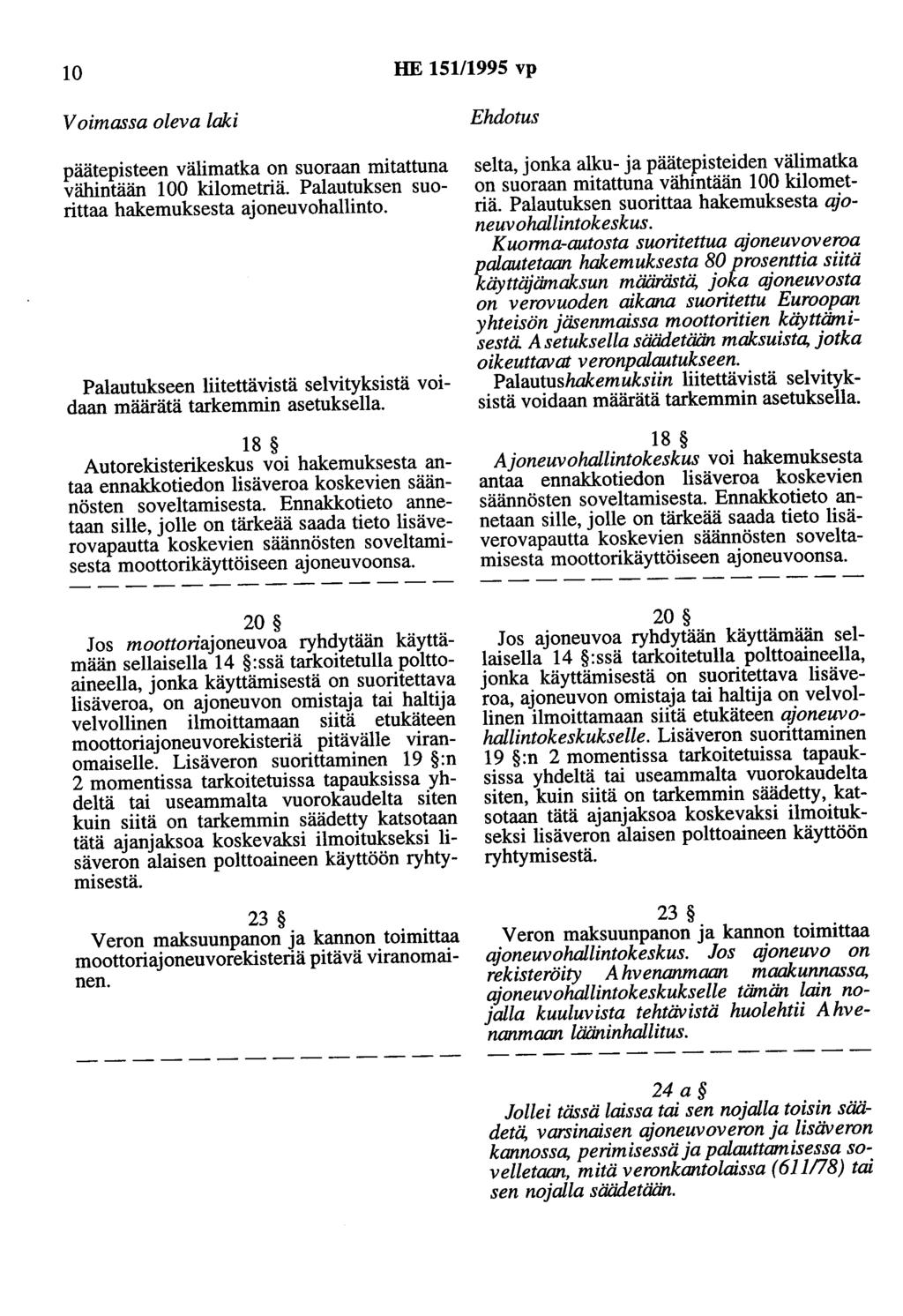 10 HE 151/1995 vp Voimassa oleva laki päätepisteen välimatka on suoraan mitattuna vähintään 100 kilometriä. Palautuksen suorittaa hakemuksesta ajoneuvohallinto.