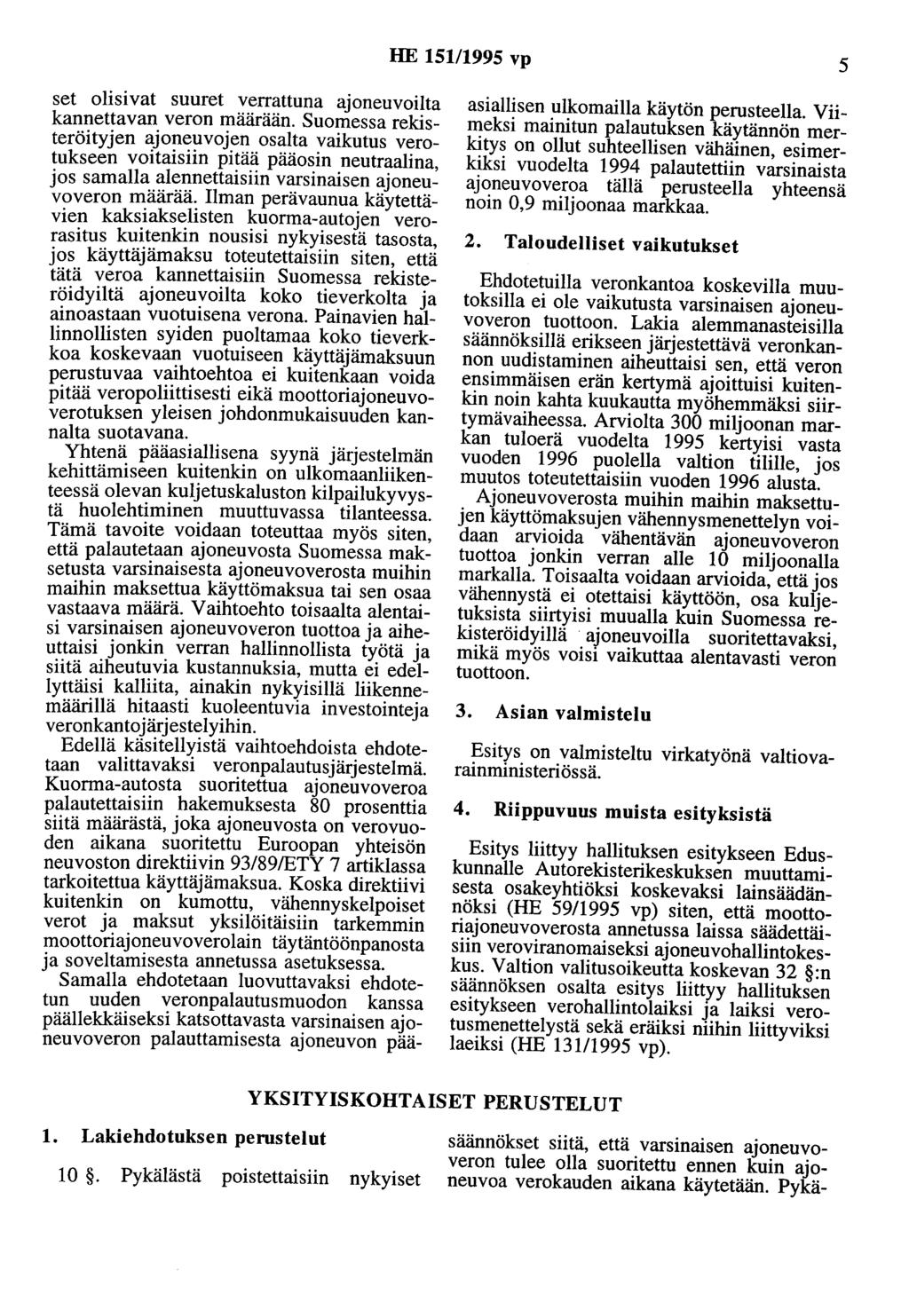 HE 15111995 vp 5 set olisivat suuret verrattuna ajoneuvoilta kannettavan veron määrään.