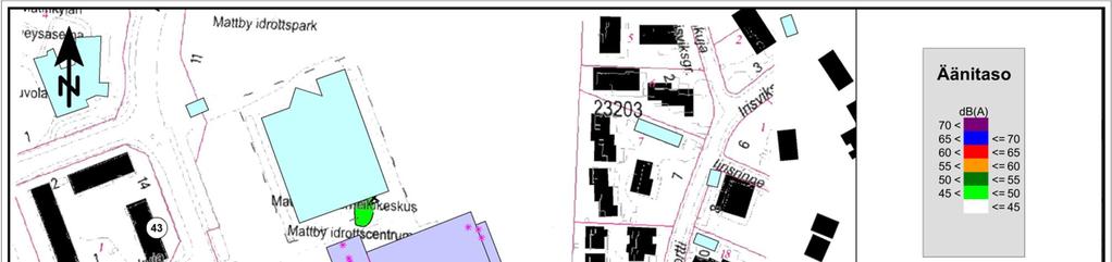 8 Kuva. Jäähallin LVIS-laitteiden aiheuttamat melutasot lähiympäristössä lisätyllä melusuojauksella. 4.3.