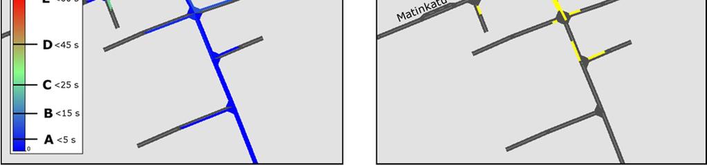 Mahdollinen muutos ei kuitenkaan tule merkittävästi vaikuttamaan urheilupuiston liittymien toimivuuteen. Tapahtumahuipputunnin toimivuustarkasteluiden tulokset on esitetty kuvassa. Kuva.