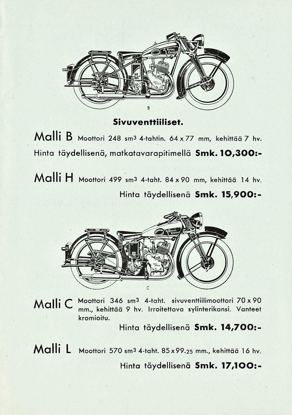 Sivuventtiiliset. Malli B Moottori 248 sm 34tahtin. 64x77 mm, kehittää 7 hv. Hinta täydellisenä, matkatavarapitimellä Smk. 10,300: Malli H Moottori 499 sm34taht.