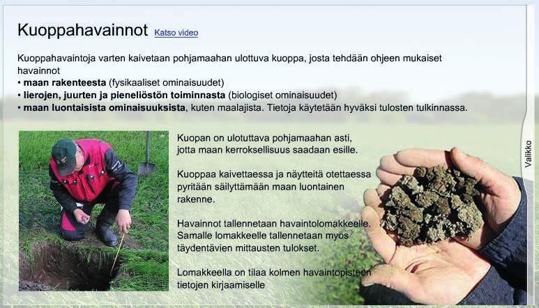 Testissä arvioidaan maan fysikaalisia ja biologisia ominaisuuksia pellolla kuoppahavainnoista, joissa ruokamultakerroksesta maaprofiilista tehdään havaintoja kuten mm.