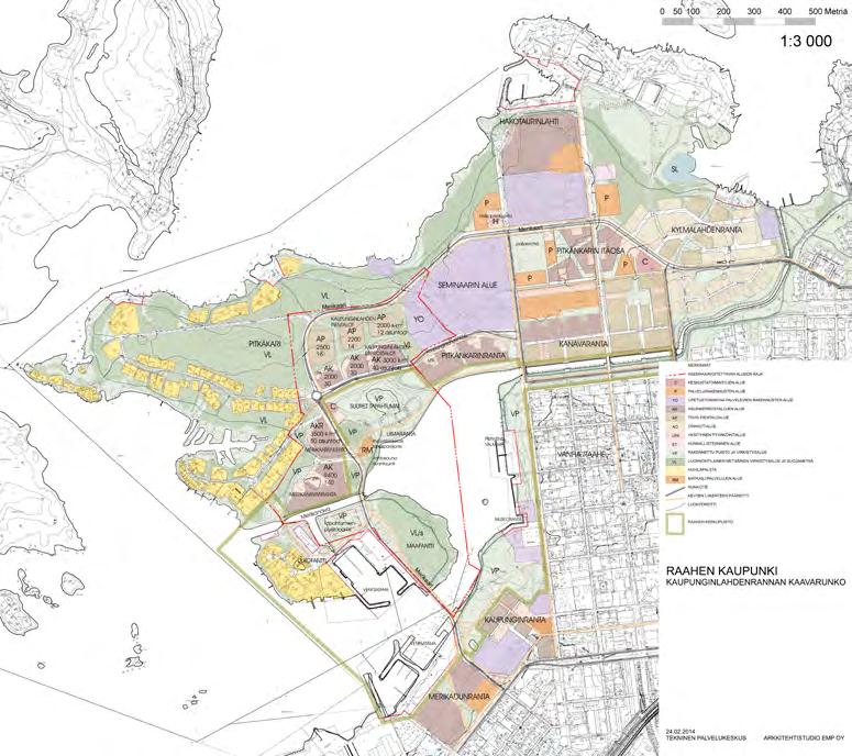 Kaupunginlahdenrannan kaavarunko Merkinnät Asemakaavoitettavan alueen raja Keskustoimintojen alue Palvelurakennusten alue Opetustoimintaa palvelevien rakennusten alue Asumiskerrostalojen alue Tiivis
