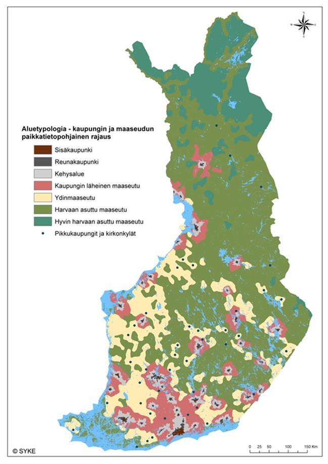 Harvaan asuttu maaseutu kartalla 68 % Suomen pinta-alasta 5,3 % Suomen väestöstä, 293 000 hlöä Asukastiheys 2,52 as.