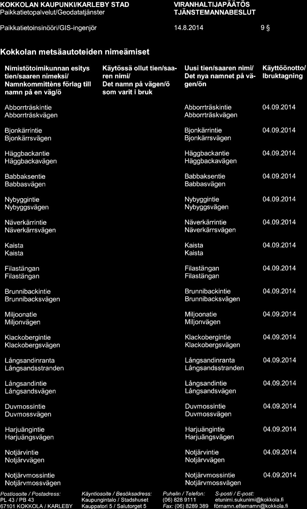 KOKKOLAN KAUPU N KI/KARLEBY STAD PaikkatietopalveluUGeodatatjänster Paikkatietoinsinööri/G ls-ingenjör VIRANHALTIJAPÄÄTöS TJÄNSTEMANNABESLUT 14.8.