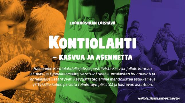 Kontiolahden mahdollistava kasvustrategia Kuntastrategian päivitystyö aloitettiin 15.5.2017 ja se hyväksyttiin kunnanhallituksessa 29.1.2018. Strategiaa päivitetään tarvittaessa kerran vuodessa.