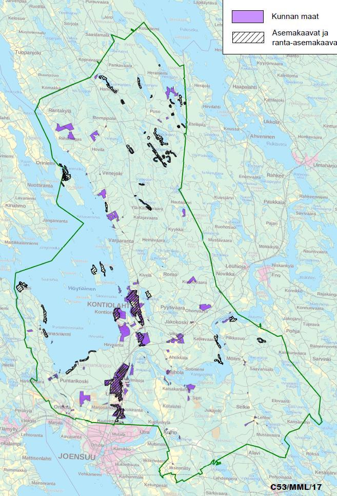Kunnan omistamat maat ja asema- ja ranta-asemakaava-alueet toukokuussa 2017.