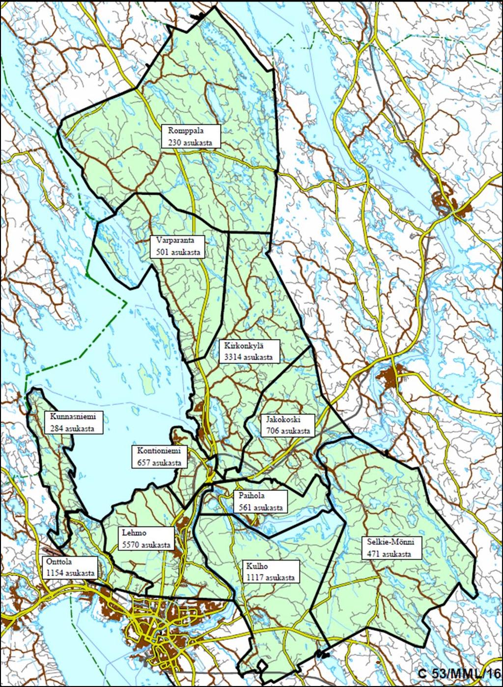 Väestö alueittain Kontiolahden palvelutarveselvityksessä Kontiolahti on jaettu tarkastelualueisiin.