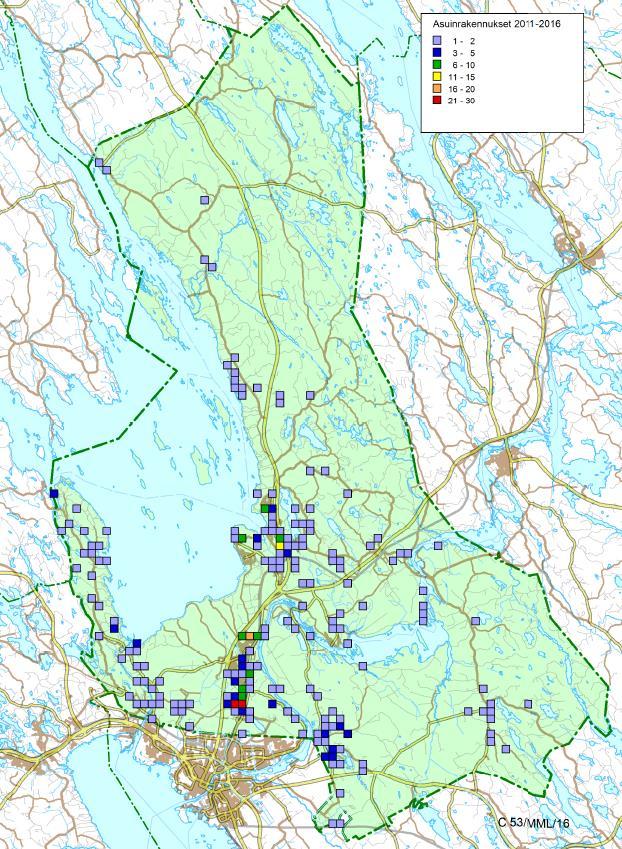 Valmistuneet rakennukset 2011-2016 Kuvassa on esitetty vuosina 1/2011 6/2016 Kontiolahdessa valmistuneet erillispientalot sekä rivi- ja kerrostalot xxx Kontiolahden väestö painottuu selkeästi
