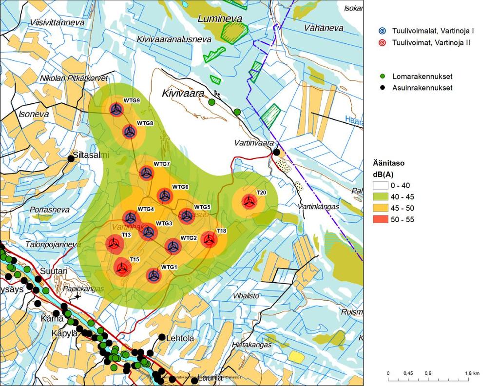 Taulukko 5: Kokonaismelun äänitasot vertailukiinteistöjen kohdilla.