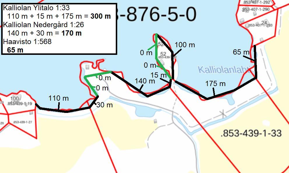 Mitoitusrantaviivan laskentatapa karttaesityksinä: Koska tiloilla Kalliolan Ylitalo 1:33, Kalliolan Nedergård 1:26, Haavisto 1:303 ja Haavistonranta 1:568 on kaavan laadintahetkellä