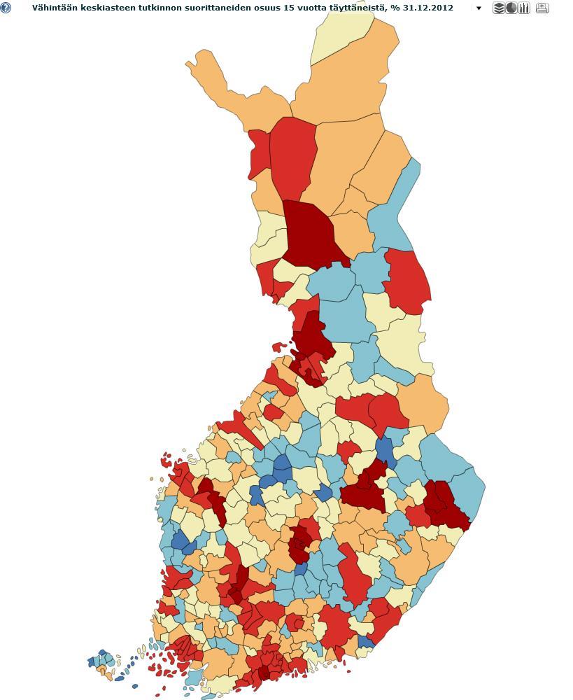 Väh. keskiasteen tutkinnon suorittaneiden osuus kunnittain 2012 5, 25, 50, 75 ja 95