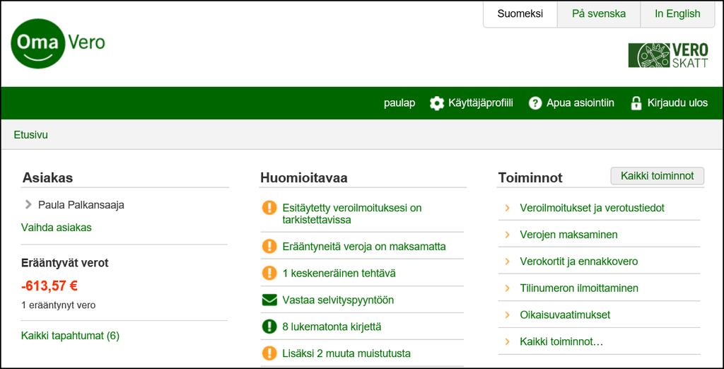 Etusivun yläosa Erääntynyt kokonaissaldo tai erääntyvät verot (OmaVerossa olevien verolajien osalta) päivittyy kirjauduttaessa.