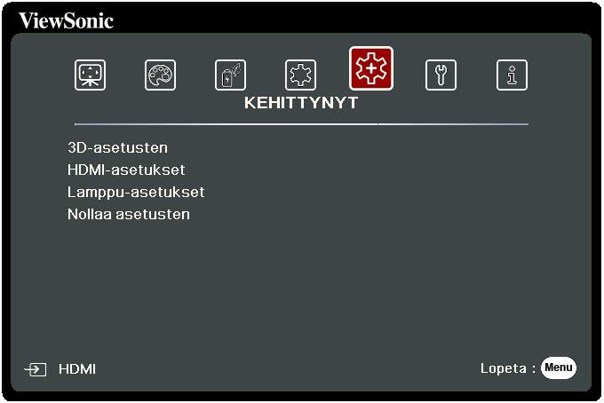 KEHITTYNYT-valikko 1. Avaa On-Screen Display (OSD) -valikko painamalla painiketta Menu (Valikko). 2. Paina / valikon KEHITTYNYT valitsemiseksi.