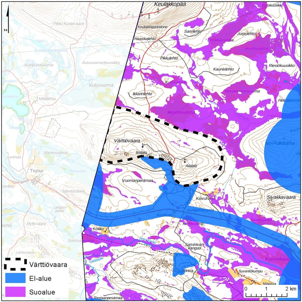 21 6.1 Värttiövaara Alue Pinta-ala (km 2 ) Vuotuinen keskituuli (m/s) Lähialueen < 2 km asuin- ja lomarakennukset Värttiövaara 12 5,6-5,9 3 asuin-, 3 lomarakennusta Asutus Kittilän kunnan Tepsan kylä