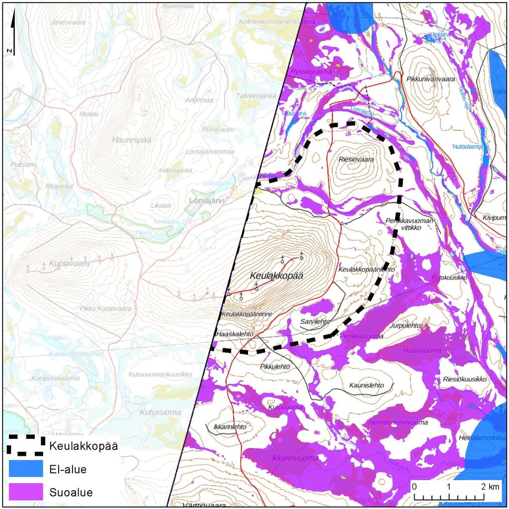 24 6.2 Keulakkopää Alue Pinta-ala (km 2 ) Vuotuinen keskituuli (m/s) Lähialueen < 2 km asuin- ja lomarakennukset Keulakkopää 24 6,1-6,6 4 asuin-, 4 lomarakennusta Asutus Taajamia tai kyliä ei sijoitu