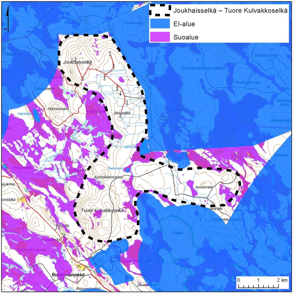 27 6.3 Joukhaisselkä Tuore Kulvakkoselkä Alue Pinta-ala (km 2 ) Vuotuinen keskituuli (m/s) Lähialueen < 2 km asuin- ja lomarakennukset Joukhaisselkä Tuore Kulvakkoselkä Asutus 35 6,0-6,8 12