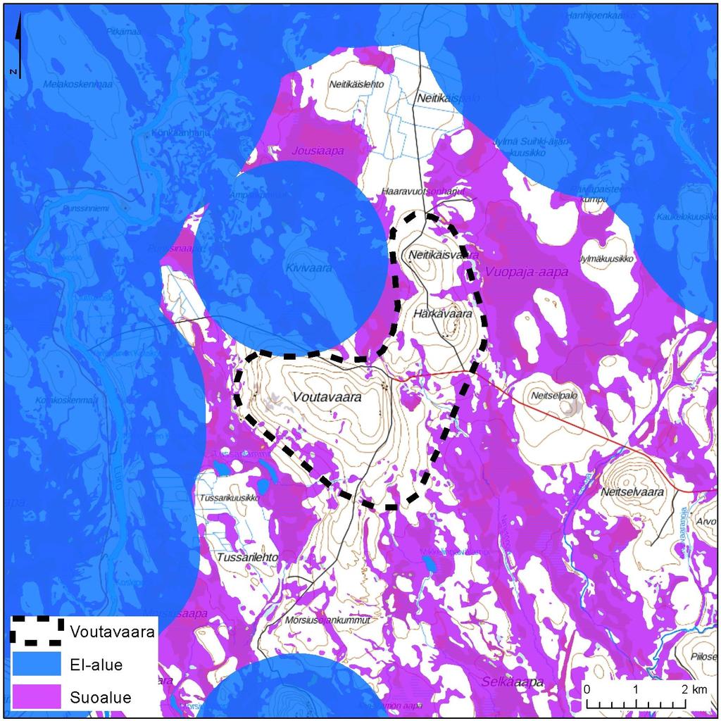 33 6.5 Voutavaara Alue Pinta-ala (km 2 ) Vuotuinen keskituuli (m/s) Lähialueen < 2 km asuin- ja lomarakennukset Voutavaara 15 5,5-5,9 - Asutus Maisema ja rakennettu kulttuuriympäristö Lähialueella ei