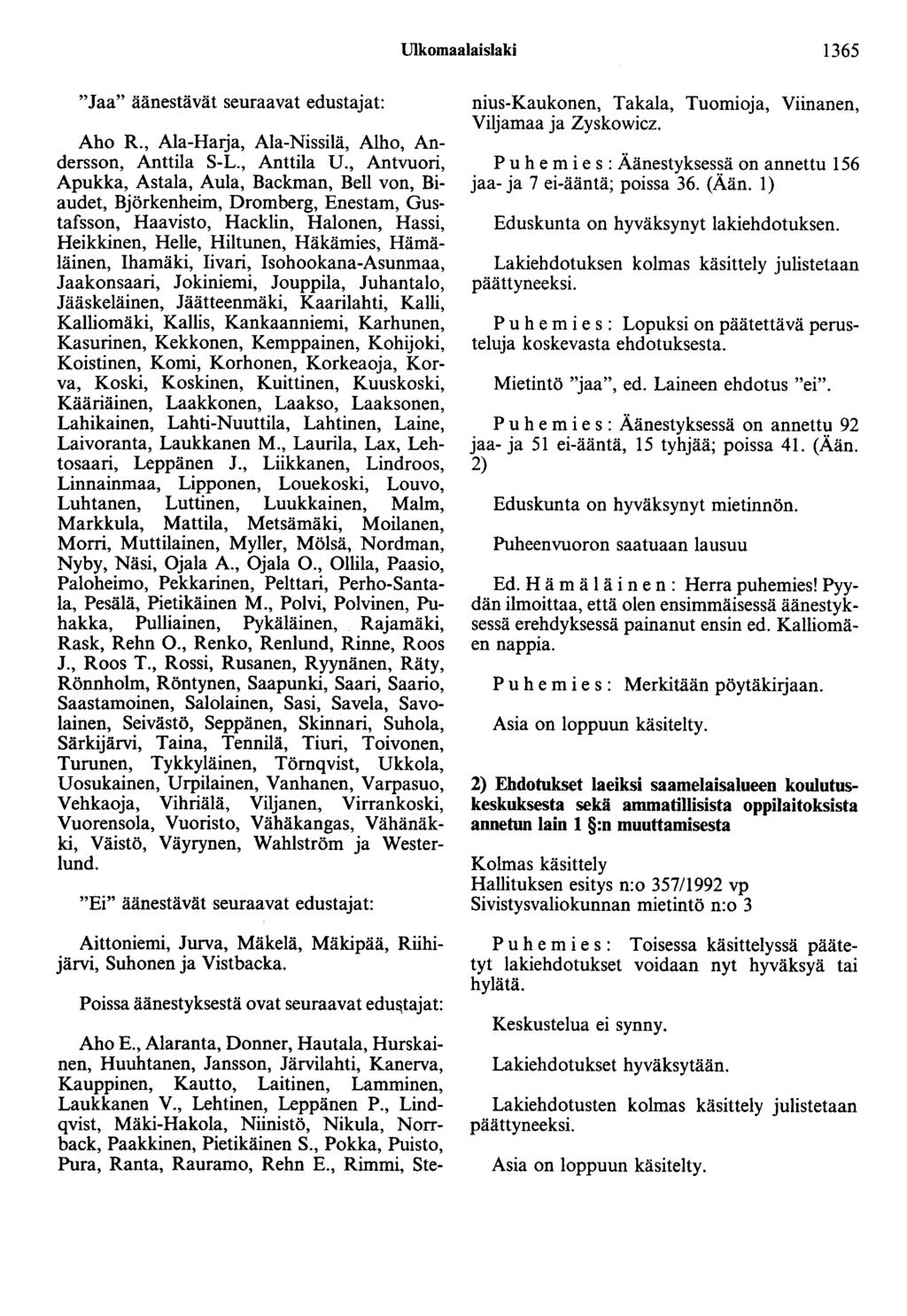 Ulkomaalaislaki 1365 "Jaa" äänestävät seuraavat edustajat: Aho R., Ala-Harja, Ala-Nissilä, Alho, Andersson, Anttila S-L., Anttila U.