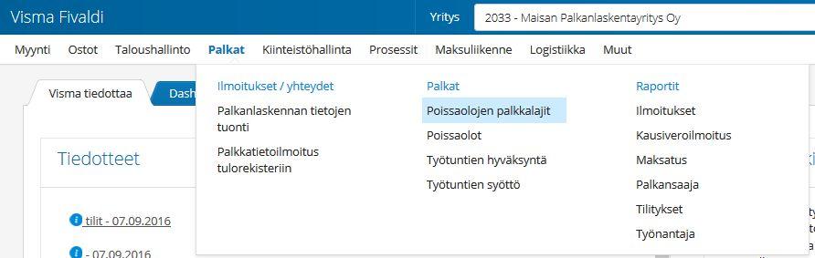 5(16) Jos yrityksessä halutaan käyttää muita kuin Visma Fivaldin valmiiksi syötettyjä yleisiä arkipyhiä, syötetään Arkipyhät -taulukkoon yrityskohtaiset arkipyhät. Arkipyhät eivät kuluta lomapäiviä.