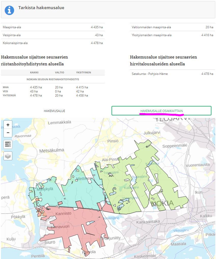 12. Hakemusalue -näkymässä tarkista pinta-alat ja hakemuskartta. Hakemusaluetta voit tarkastella myös lupaosakkaittain (yhteislupa).