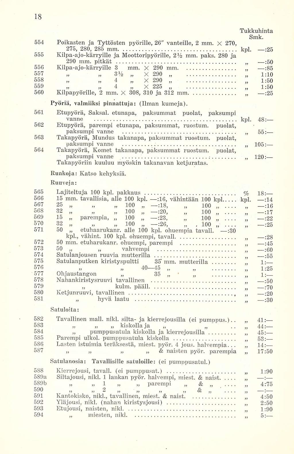 ......... 554 Poikasten ja Tyttösten pyörille, 26" vanteille, 2 mm. X 270, 275, 280, 285 mm kpl. :25 555 Kilpa-ajo-kärryille ja Moottoripyörille, 2% mm. paks. 280 ja 290 mm.