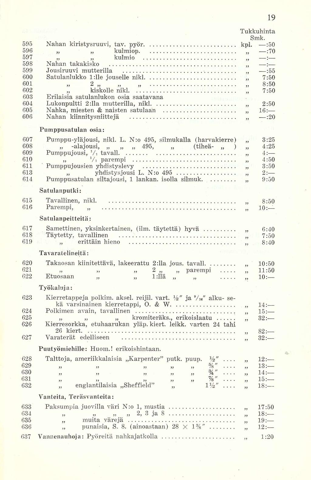 595 Nahan kiristysruuvi, tav. pyör kpl. - :5O 596 kulmiop :7O 597 kulmio.