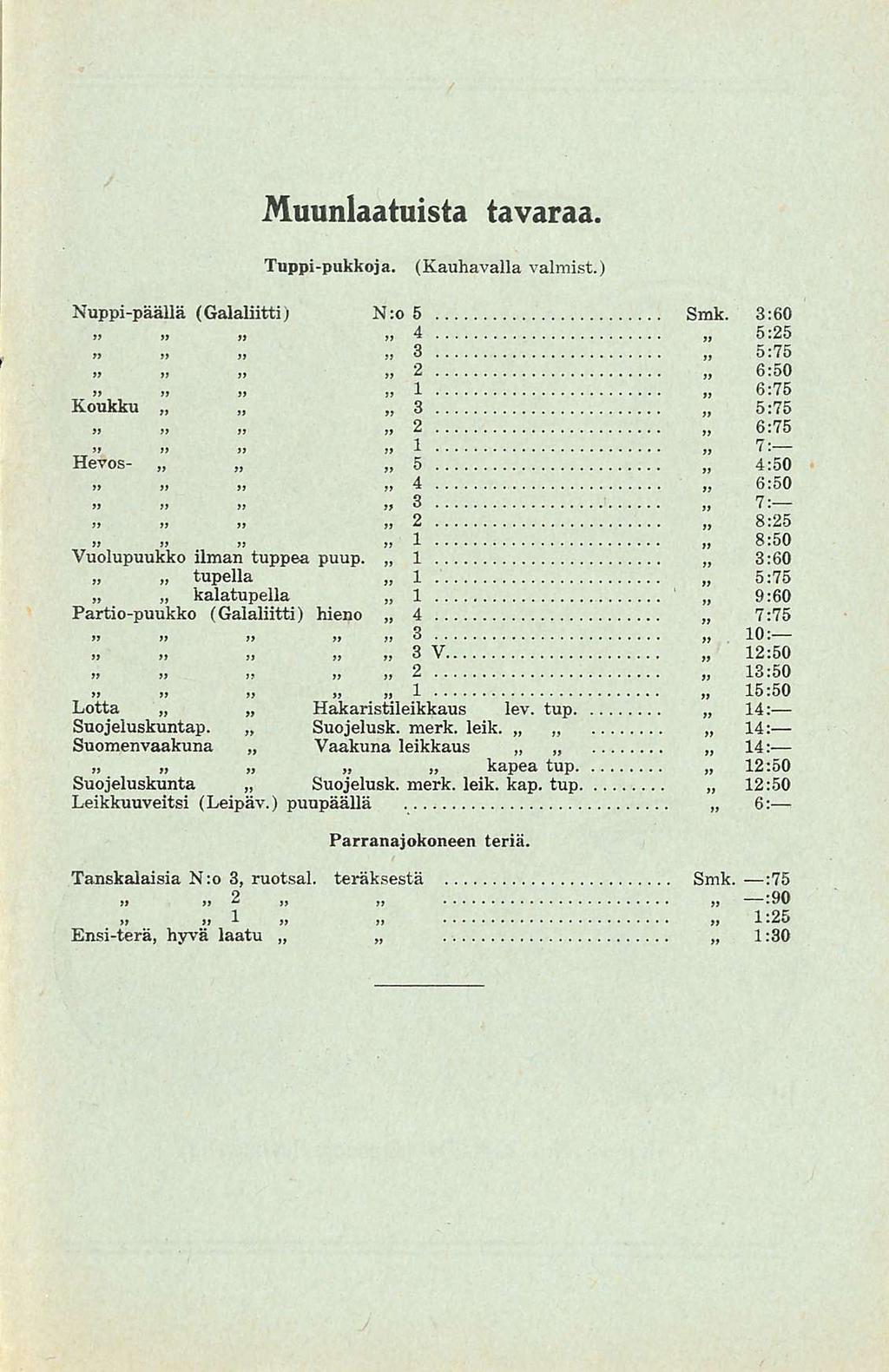 Muunlaatuista tavaraa. Tuppi-pukkoja. (Kauhavalla valmist.