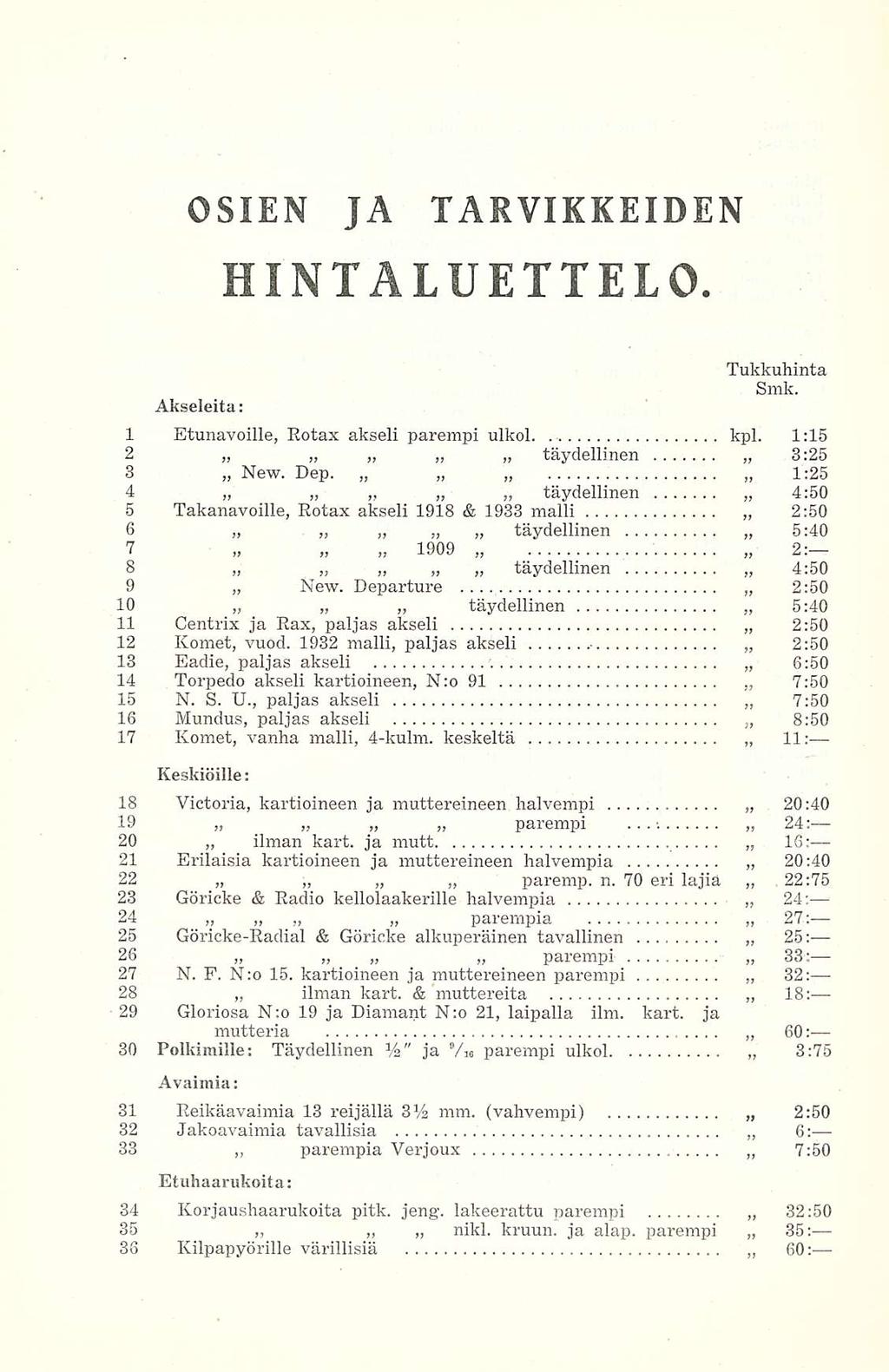 OSIEN JA TARVIKKEIDEN HINTALUETTELO. Akseleita: 1 Etunavoille, Eotax akseli parempi ulkol kpl. 1:15 2 täydellinen 3:25 3 New. Dep.